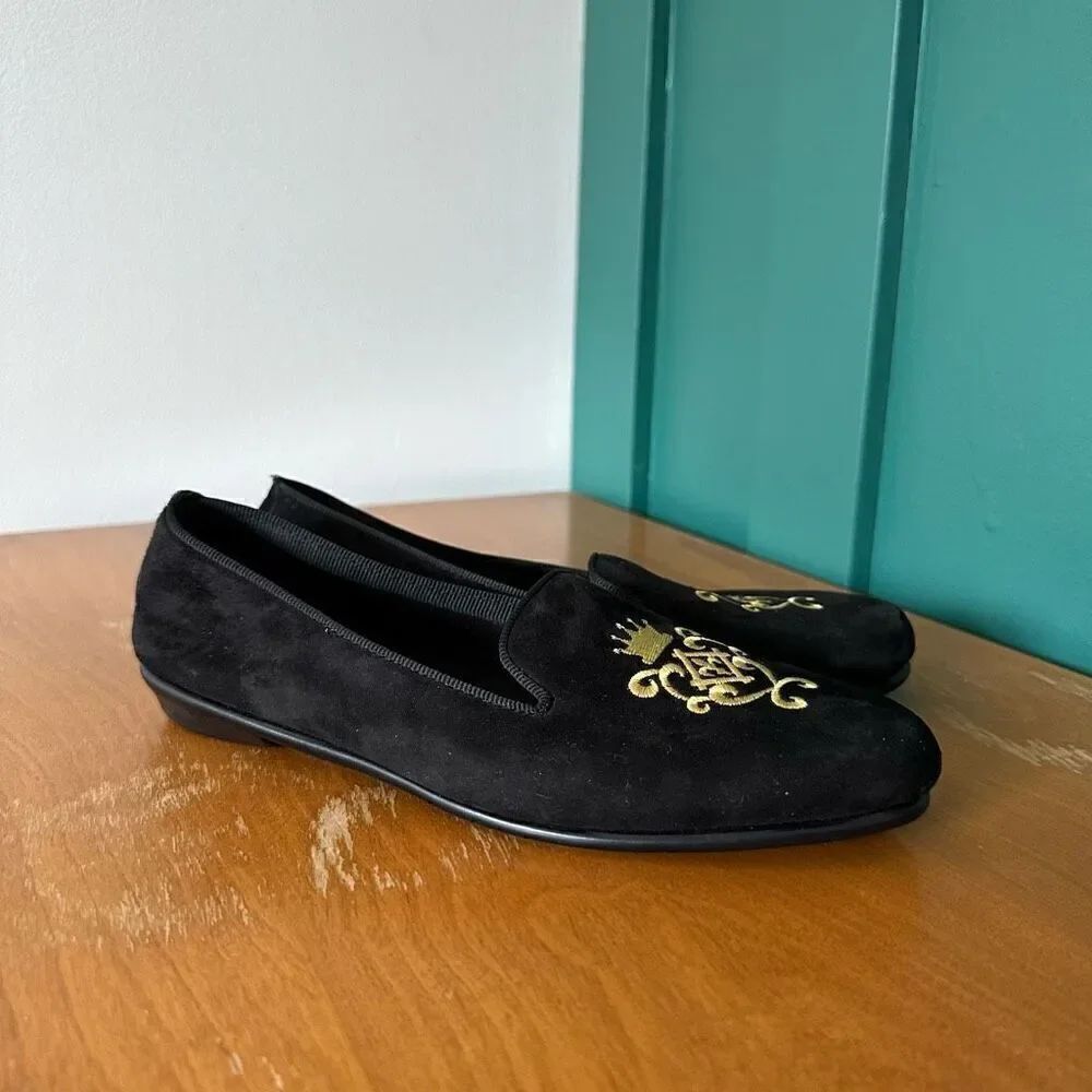 Aerosoles Betunia Women’s Black Suede Leather Slip on Loafers Gold Crest Toe Emb